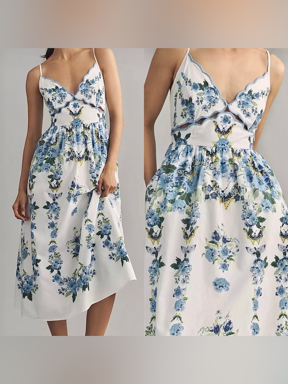 Anthropologie Cotton Scalloped Midi Dress "Blue Flora" SZ Small NEW W/ TAGS